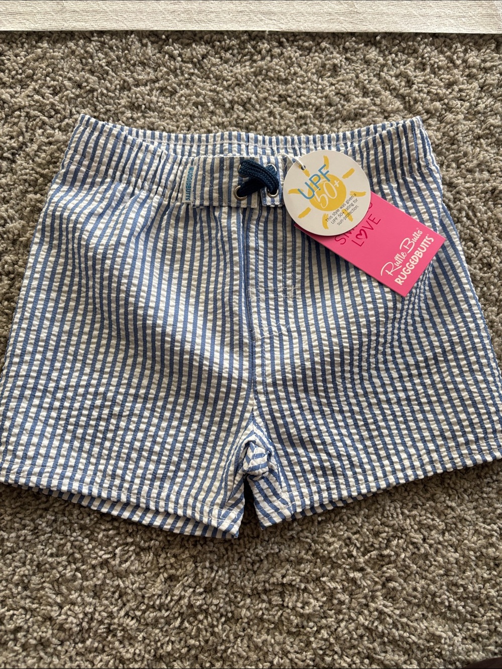 New! RuffleButts Blue & White Seersucker Shorts - UPF 50+